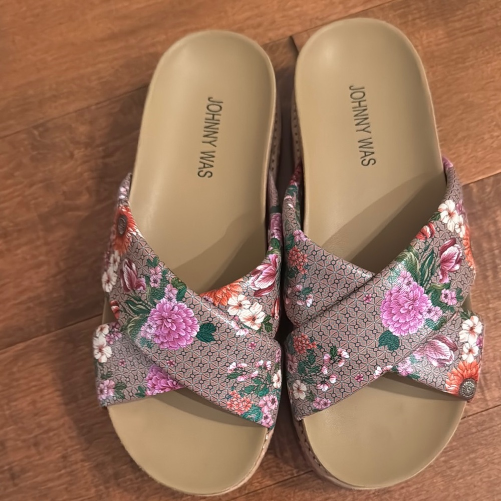 Johnny Was Pink and Green Slide Sandals with Embellished Straps